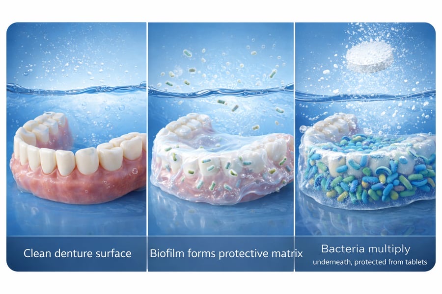 A three panel diagram showing bacteria and biofilm forming on dentures in water, protecting them from cleaning tablets