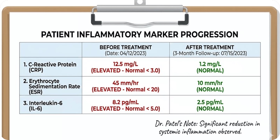 A patient chart showing inflammatory marker levels decreasing from elevated to normal after treatment