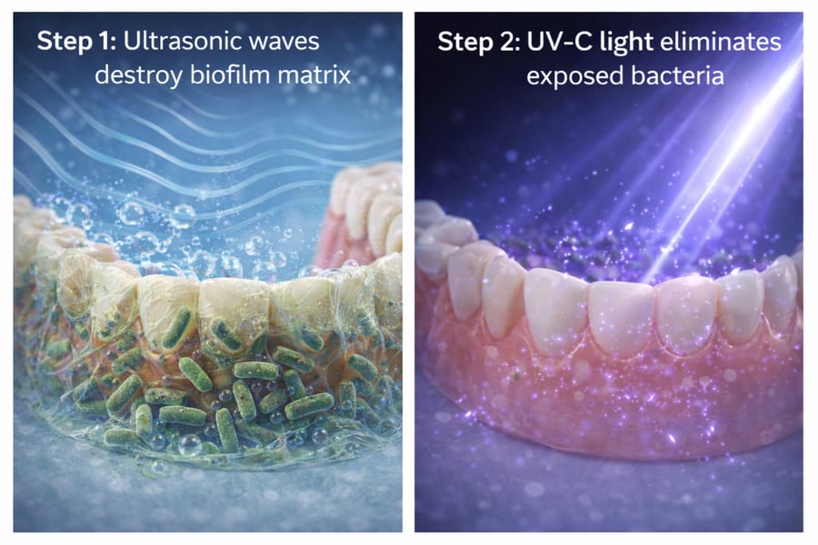 An infographic illustrating a two step process using ultrasonic waves and UV-C light to eliminate bacteria and biofilm