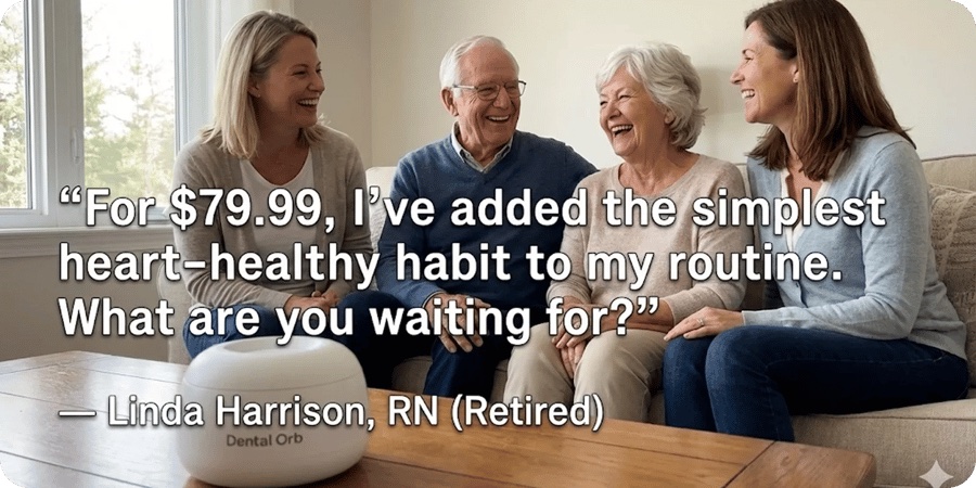 An older couple and two younger women sit laughing on a couch with a PristinePod device on the table