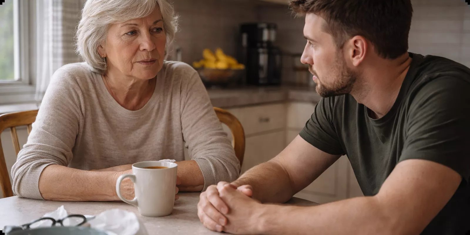 An older woman and a younger man talking at a kitchen table