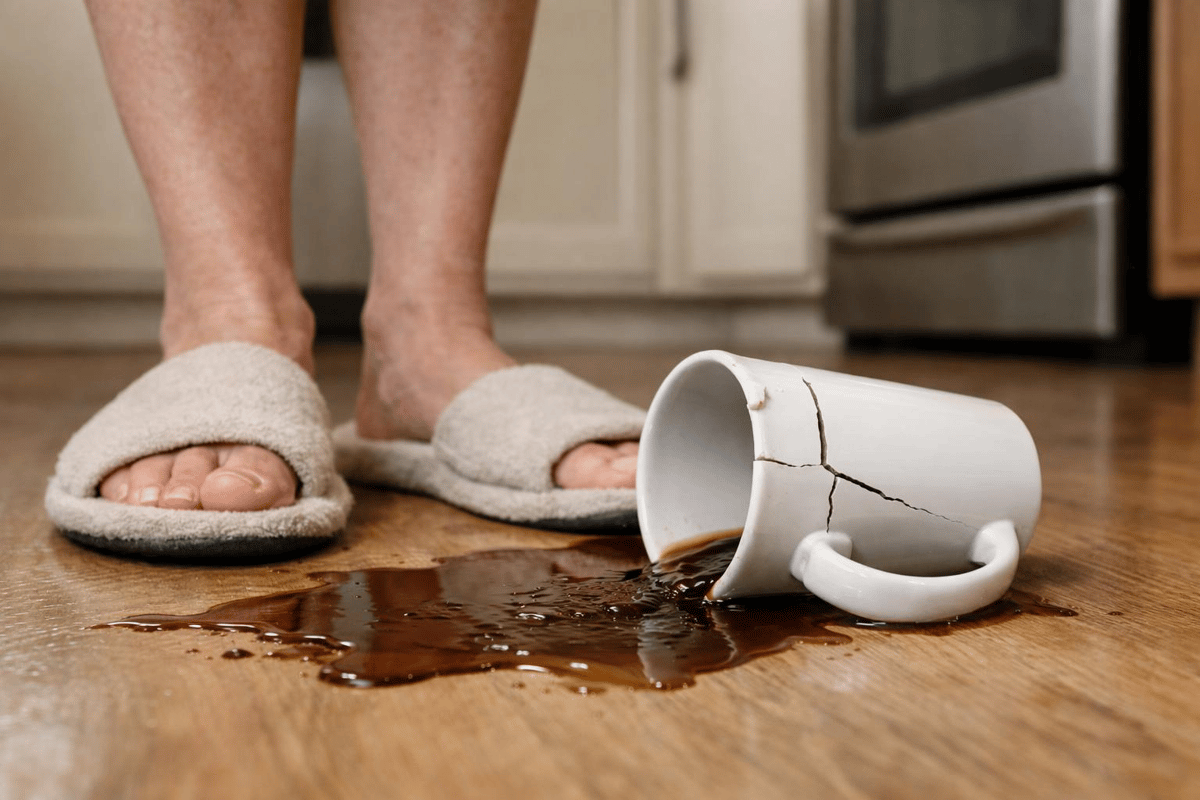 A shattered coffee mug on a kitchen floor with coffee spilled everywhere