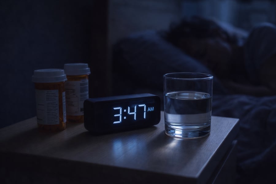 A nightstand at 3:47 AM with a clock, water, and pill bottles next to a sleeping person