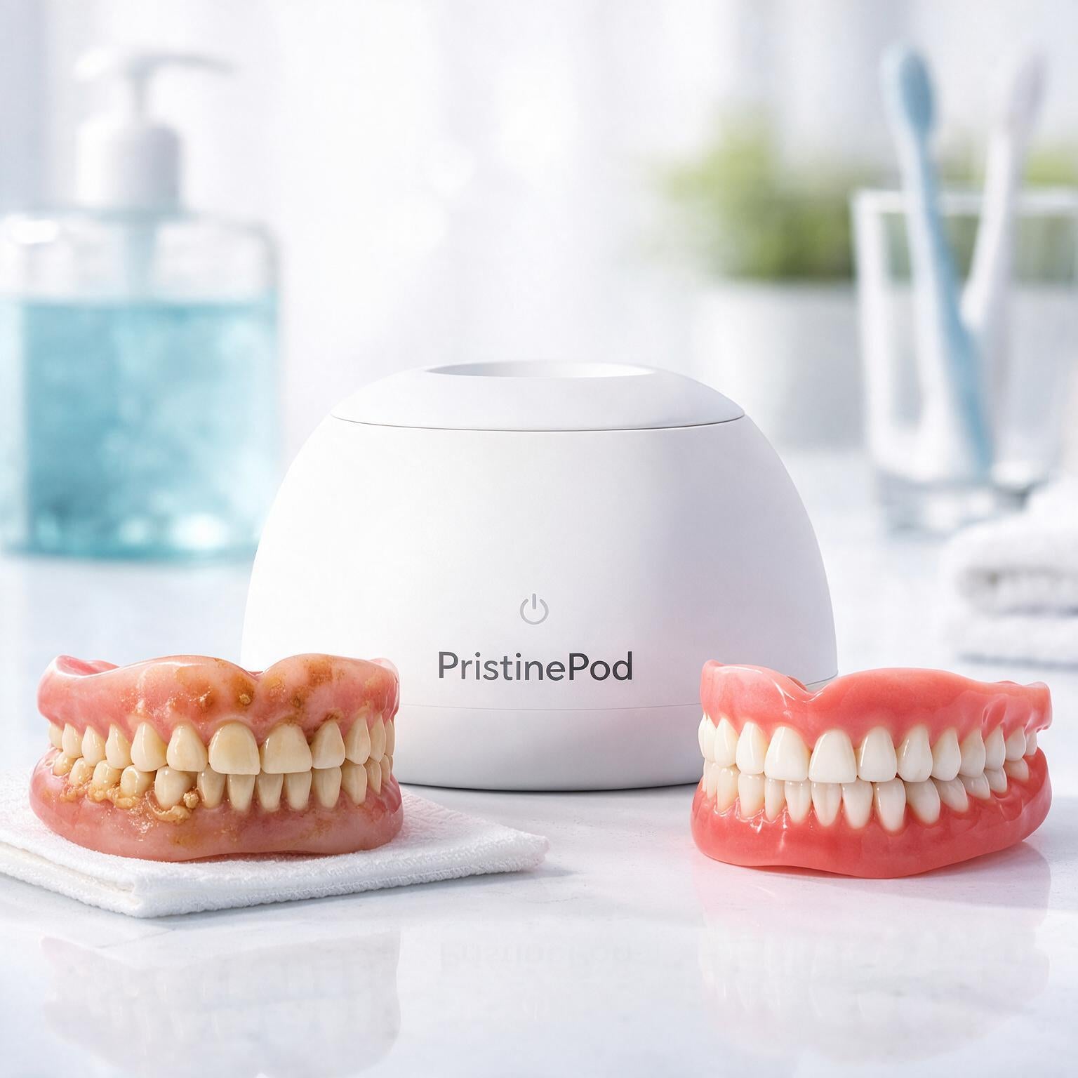 PristinePod ultrasonic and UV-C denture cleaner on a bathroom counter