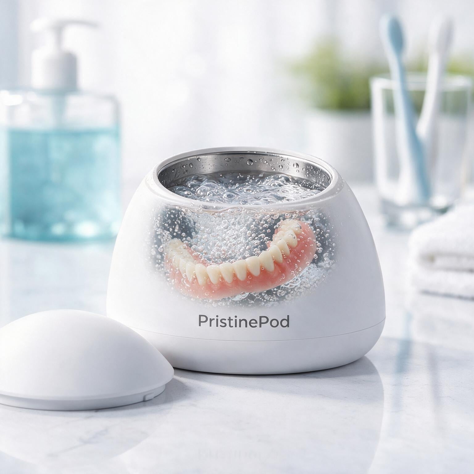 A denture being cleaned in the PristinePod ultrasonic tank