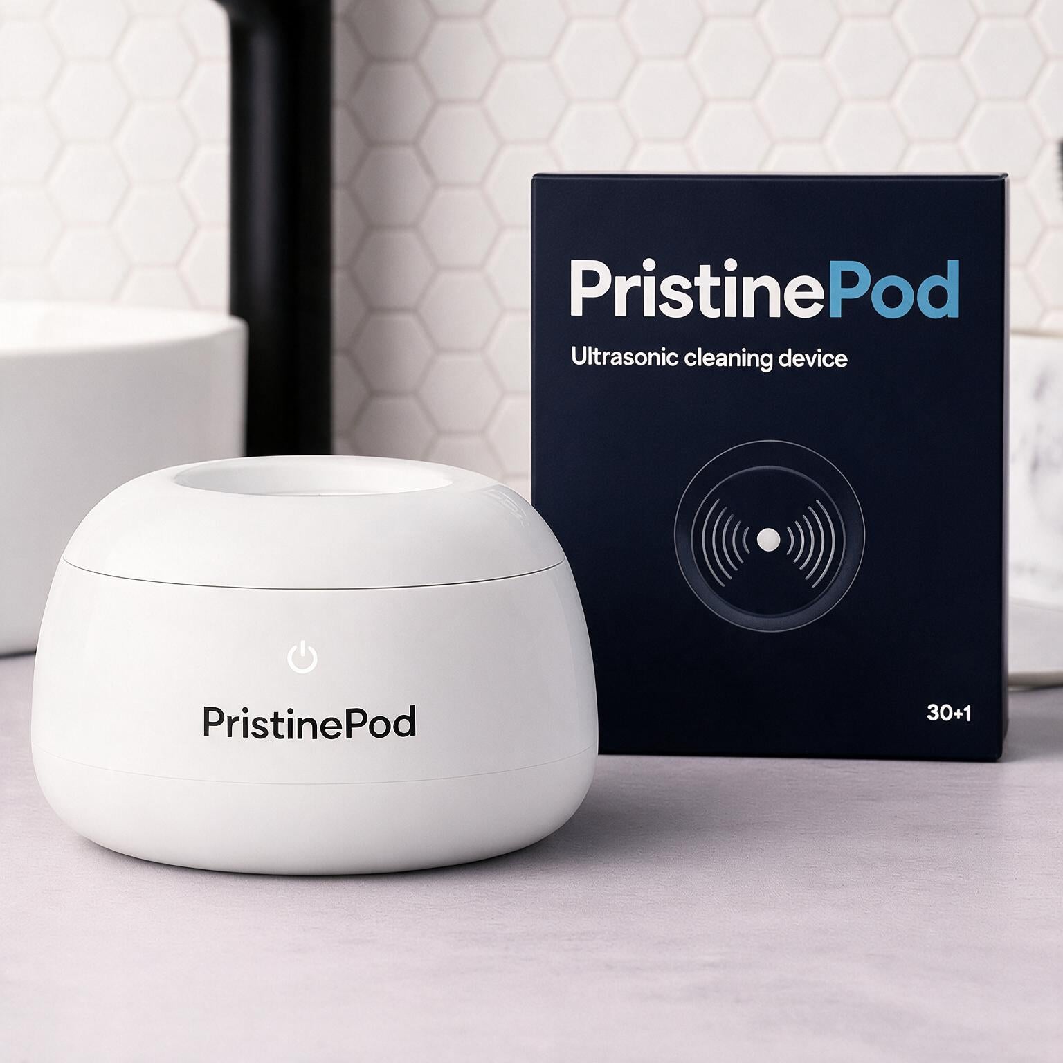 PristinePod Ultrasonic and UV-C Denture Cleaner with packaging