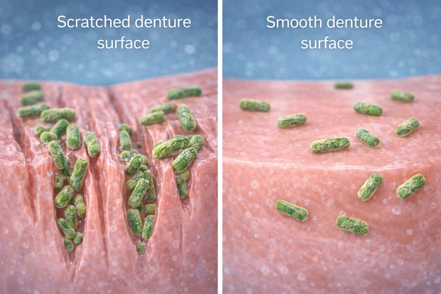 A side by side illustration comparing bacteria on a scratched denture surface versus a smooth denture surface