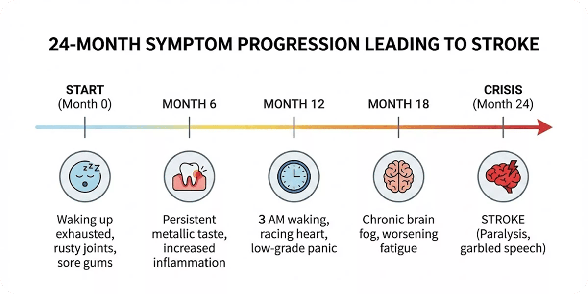 A timeline showing 24 months of symptom progression, from waking up exhausted to stroke