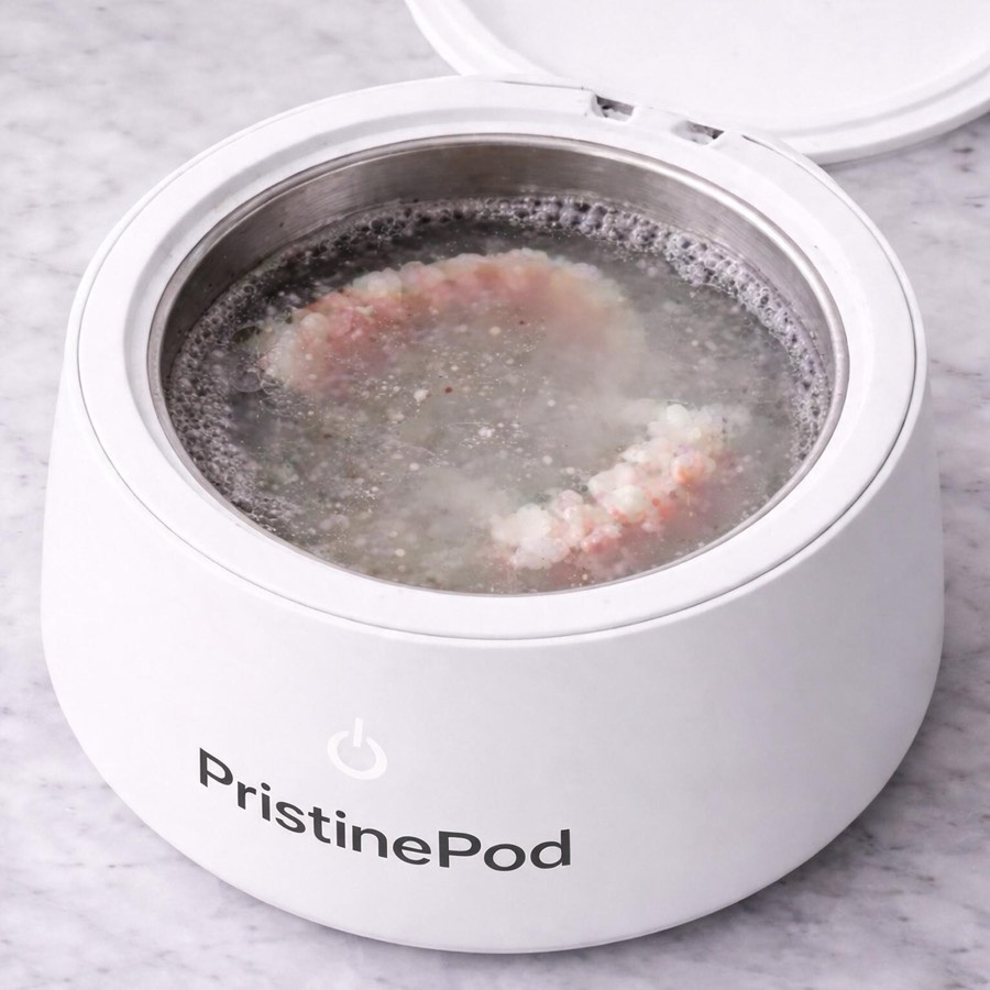 Close up of a denture soaking inside the PristinePod tank