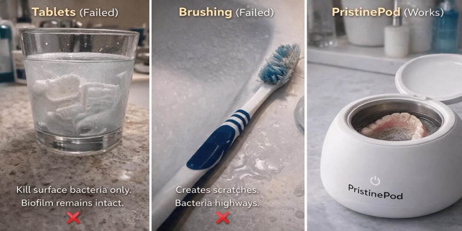 A three panel comparison of denture cleaning methods, tablets, brushing, and an ultrasonic cleaner