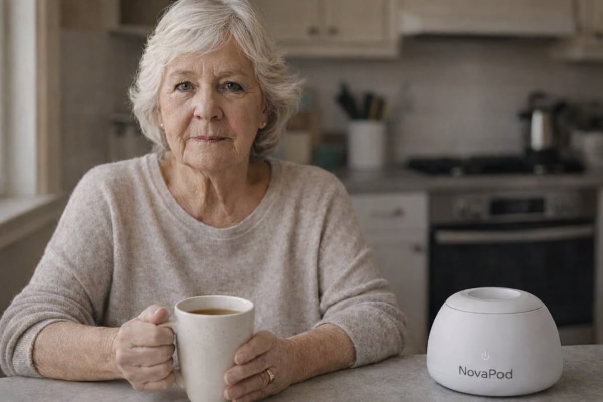 An older woman having coffee at her kitchen table with the PristinePod device sitting on the counter
